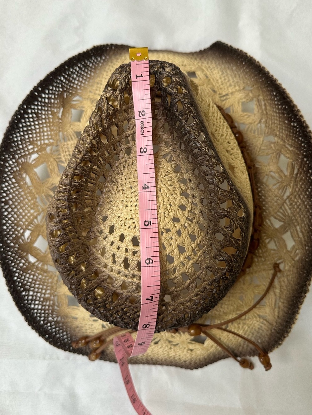 Woven Straw Western Cowboy Hat with Beaded Leather Band - Brown Ombre - Picture 9 of 12